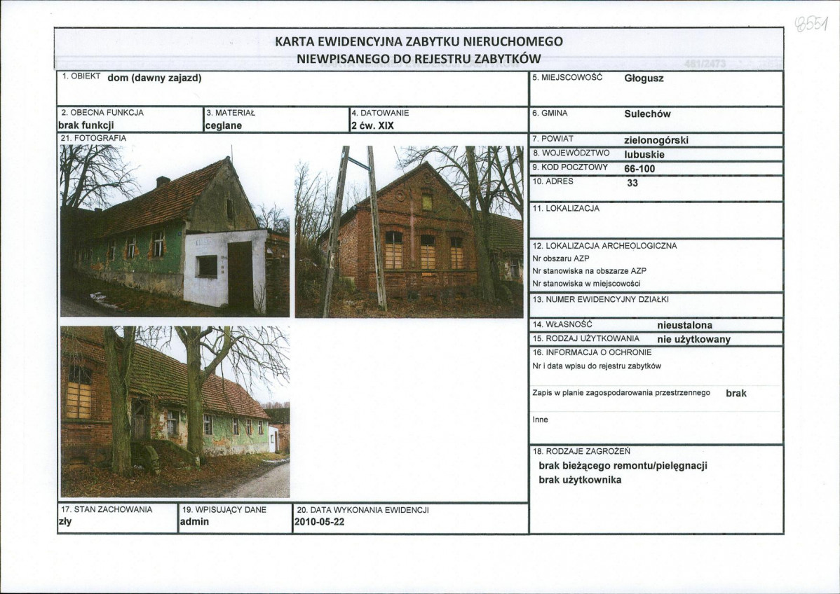 Karta obiektu niewpisanego do rejestru, skan nr 1