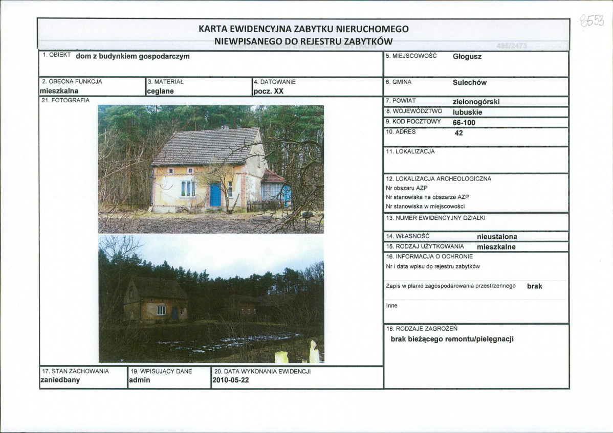 Karta obiektu niewpisanego do rejestru, skan nr 1