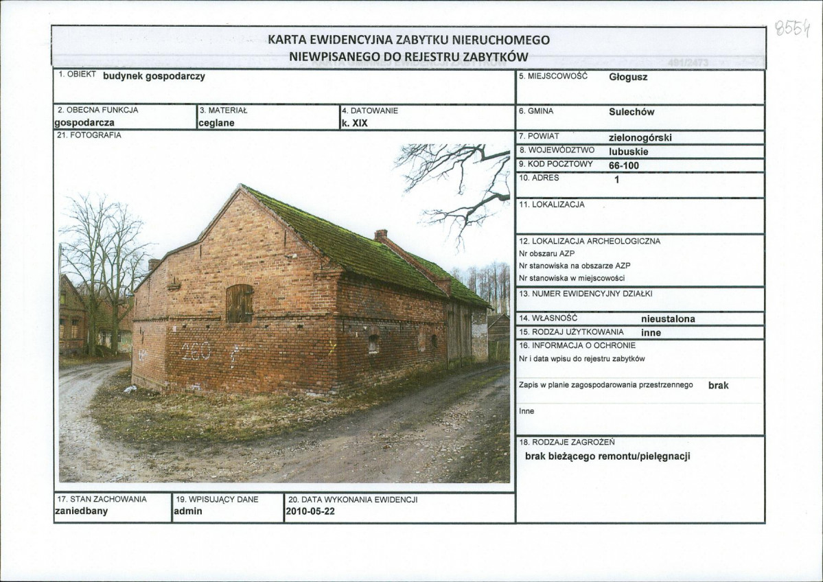 Karta obiektu niewpisanego do rejestru, skan nr 1