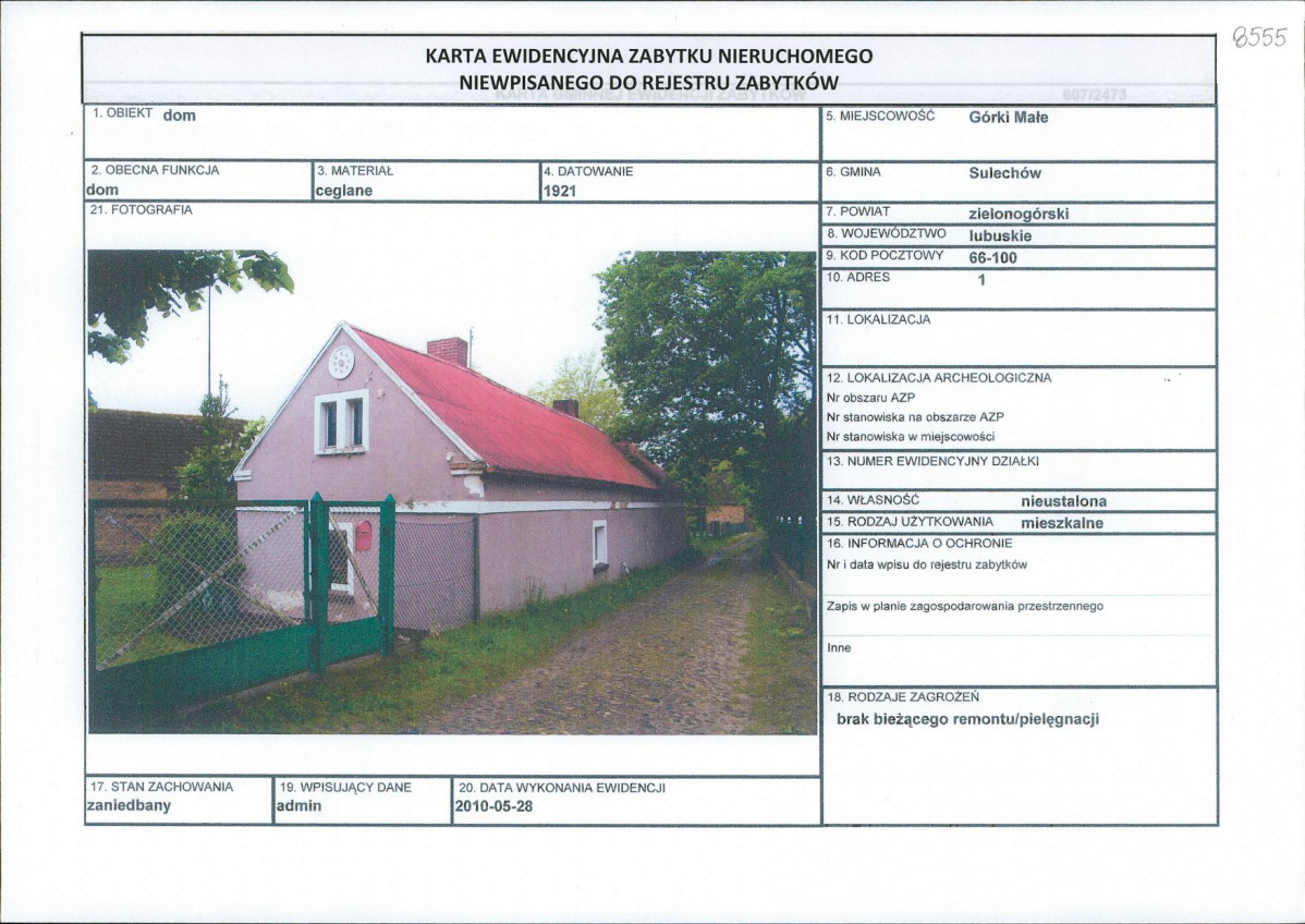 Karta obiektu niewpisanego do rejestru, skan nr 1
