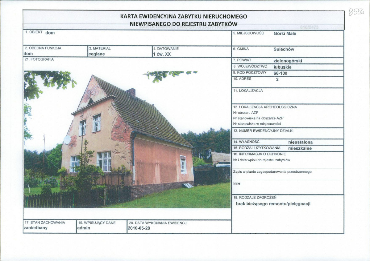 Karta obiektu niewpisanego do rejestru, skan nr 1