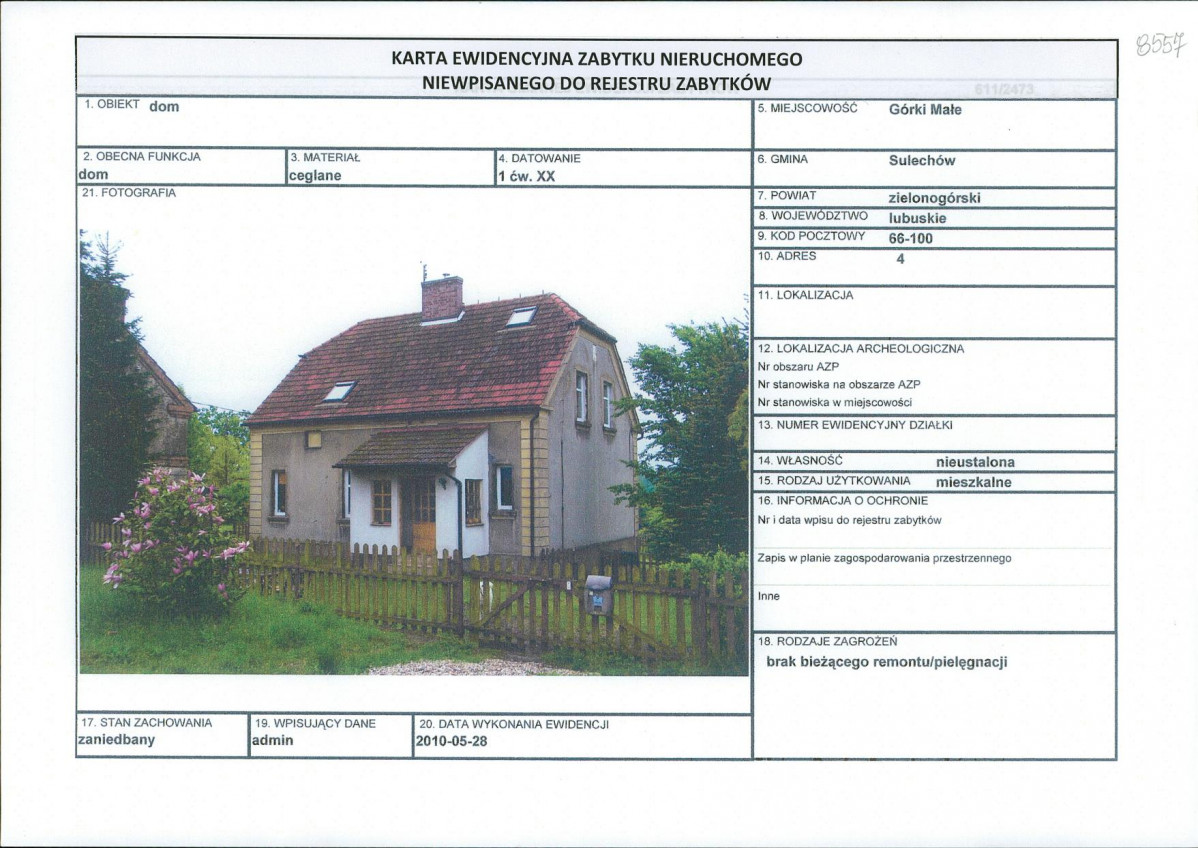 Karta obiektu niewpisanego do rejestru, skan nr 1