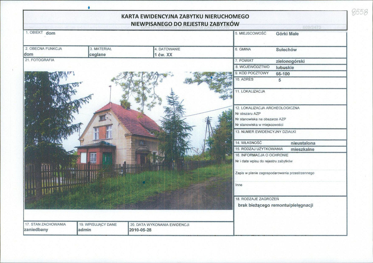 Karta obiektu niewpisanego do rejestru, skan nr 1