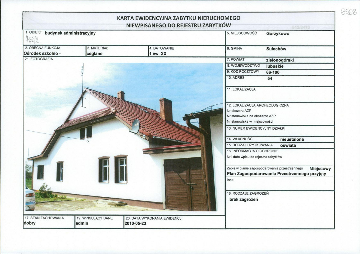 Karta obiektu niewpisanego do rejestru, skan nr 1