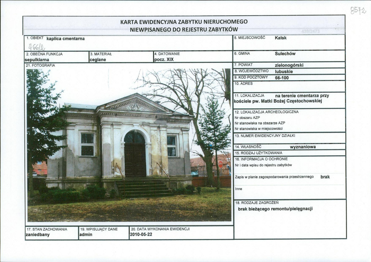Karta obiektu niewpisanego do rejestru, skan nr 1