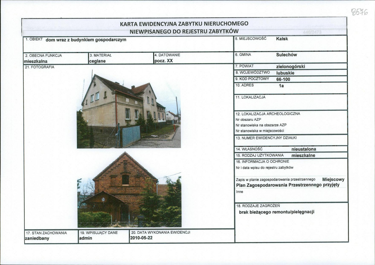 Karta obiektu niewpisanego do rejestru, skan nr 1