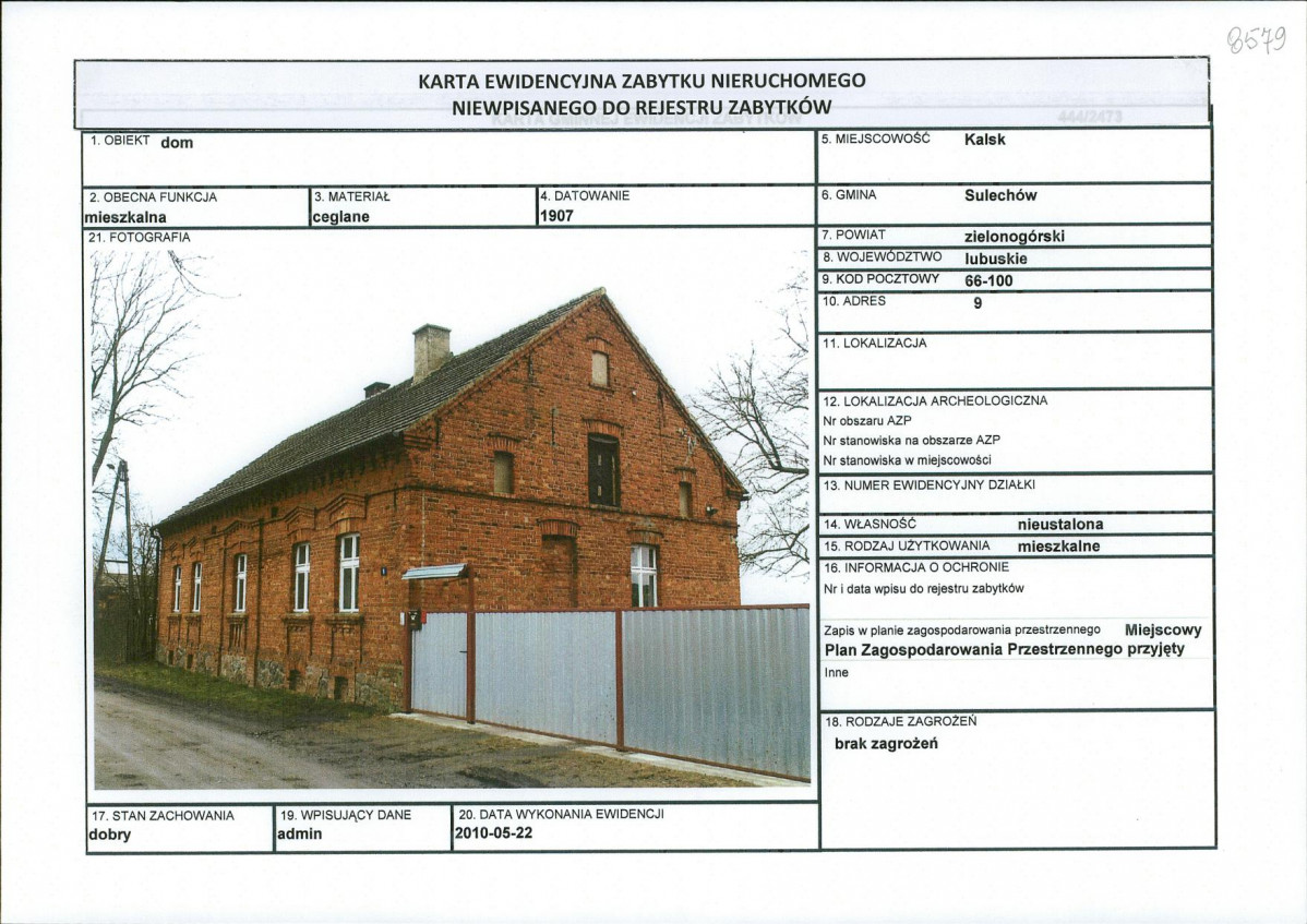 Karta obiektu niewpisanego do rejestru, skan nr 1