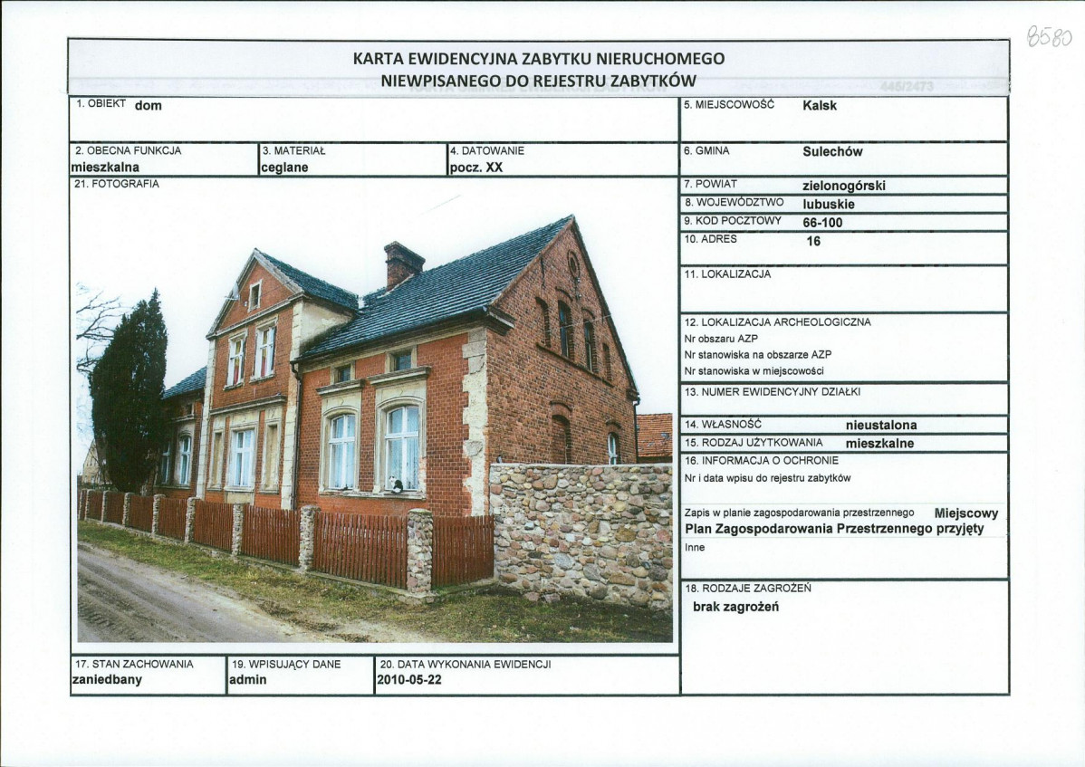 Karta obiektu niewpisanego do rejestru, skan nr 1