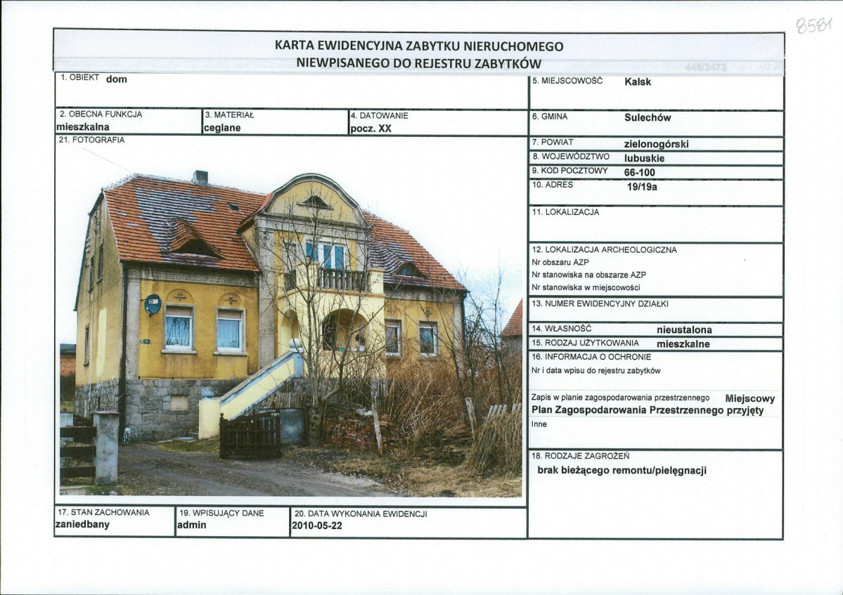Karta obiektu niewpisanego do rejestru, skan nr 1