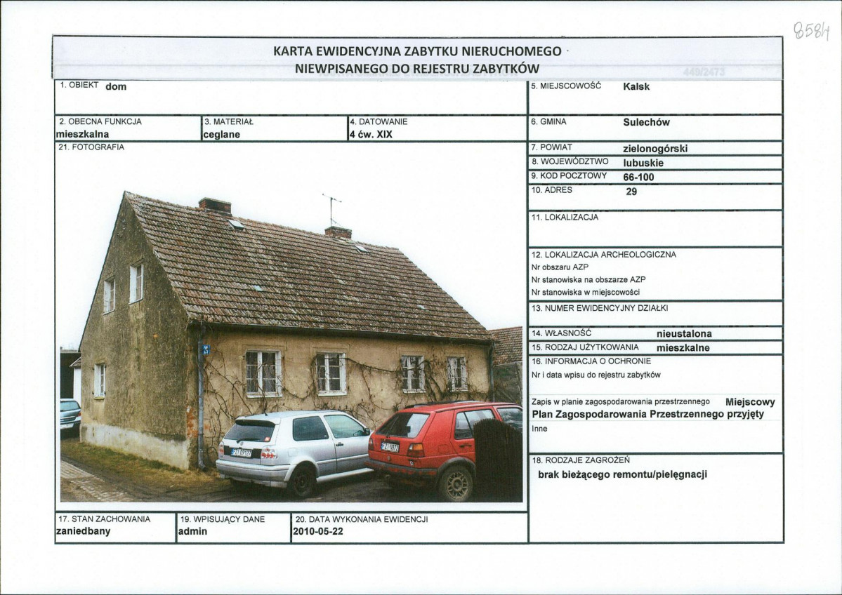 Karta obiektu niewpisanego do rejestru, skan nr 1