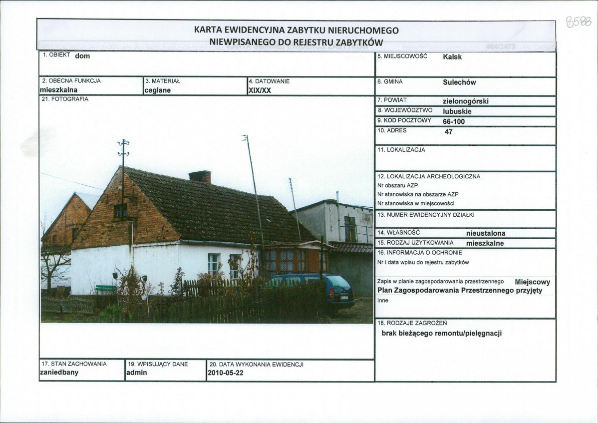 Karta obiektu niewpisanego do rejestru, skan nr 1