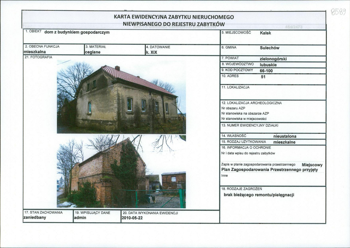 Karta obiektu niewpisanego do rejestru, skan nr 1