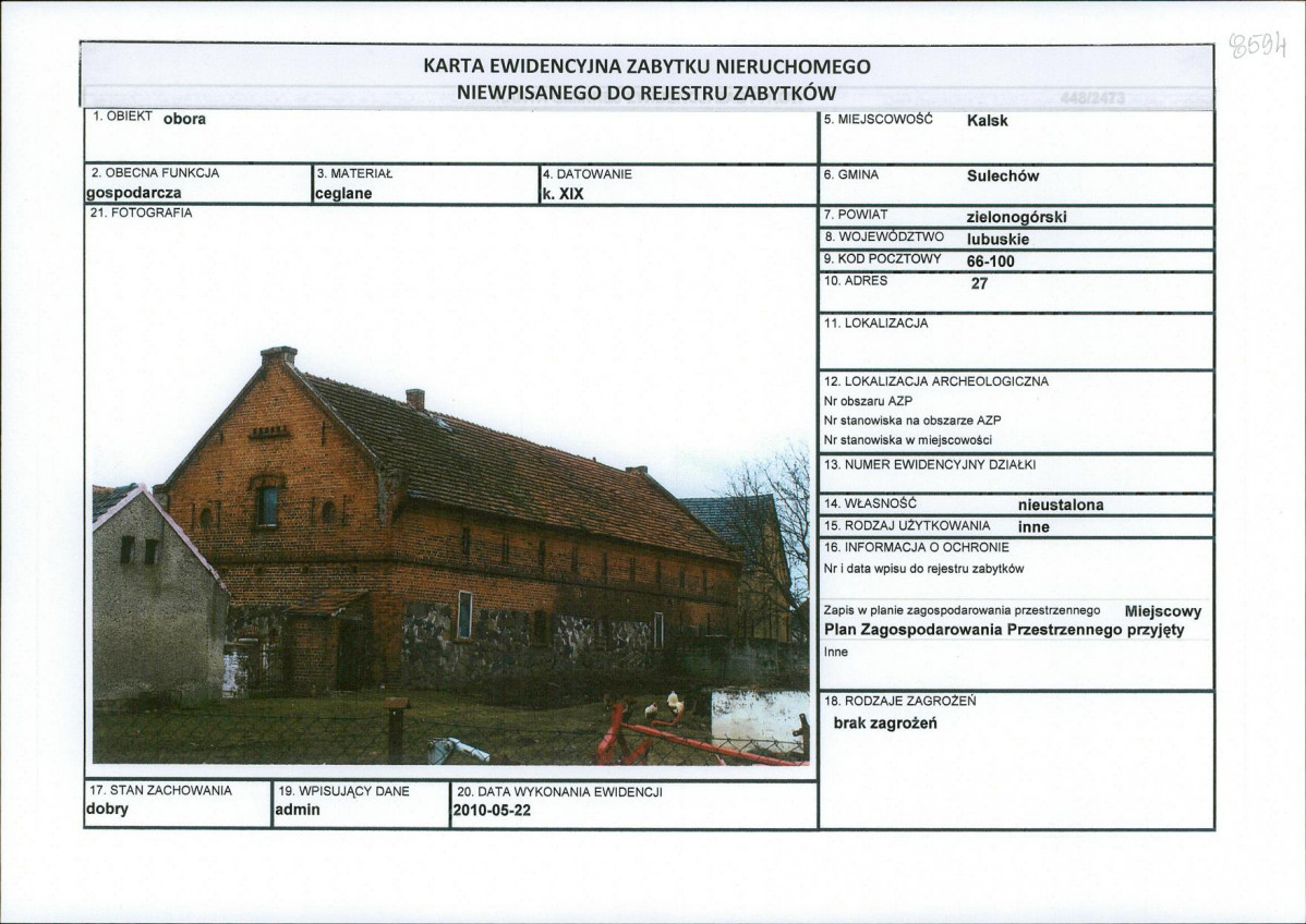 Karta obiektu niewpisanego do rejestru, skan nr 1