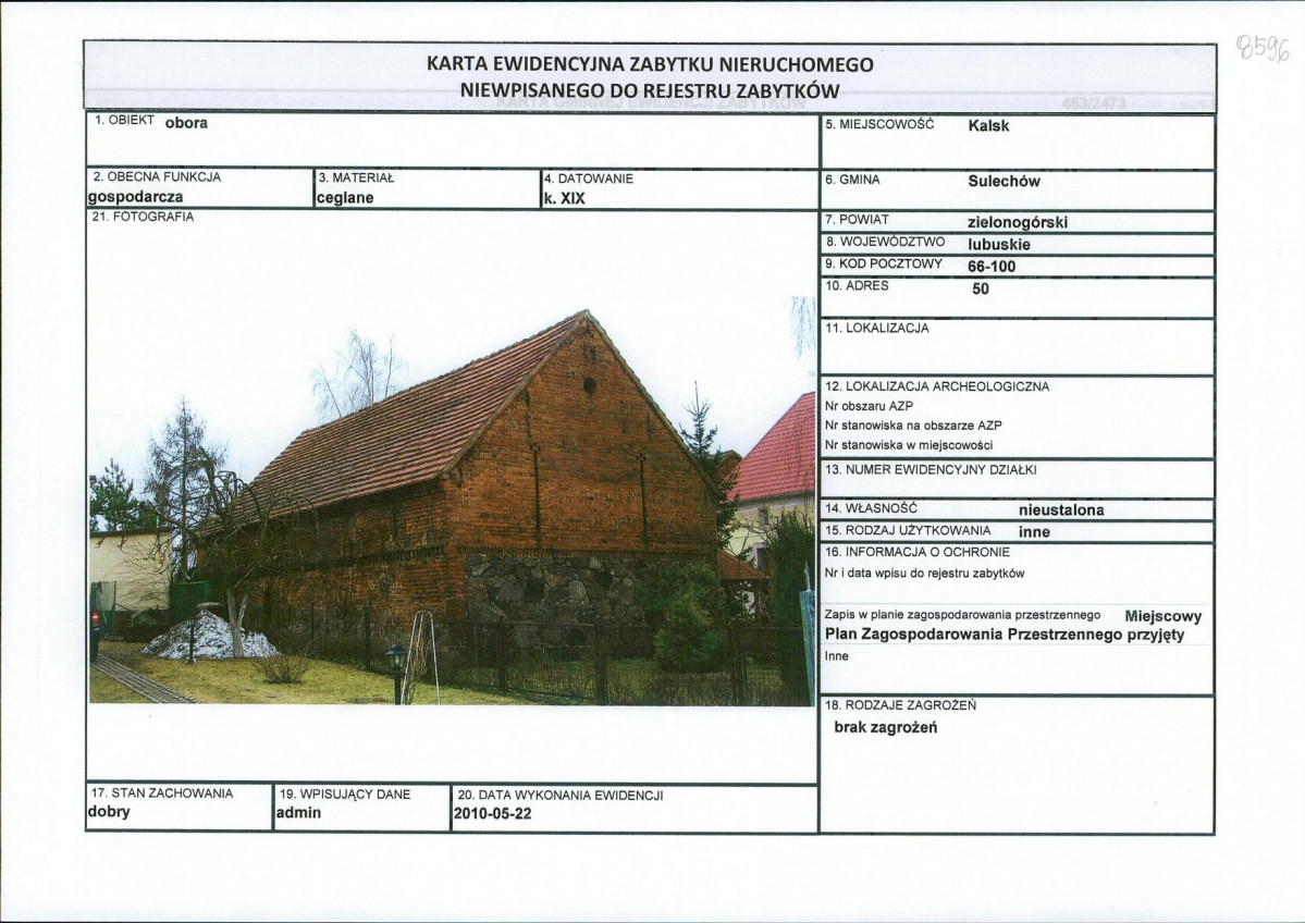 Karta obiektu niewpisanego do rejestru, skan nr 1