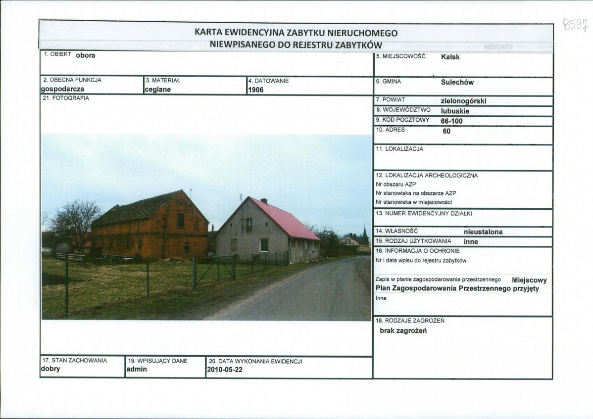 Karta obiektu niewpisanego do rejestru, skan nr 1