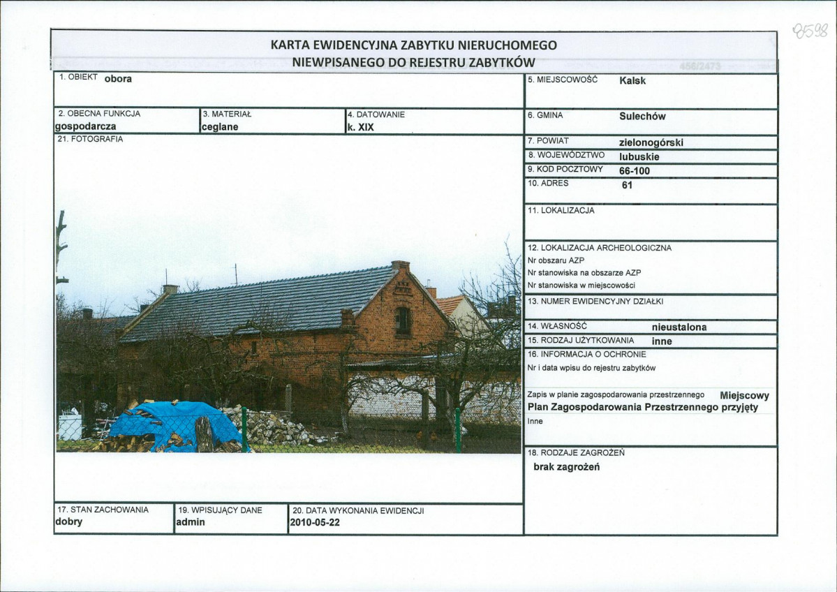 Karta obiektu niewpisanego do rejestru, skan nr 1