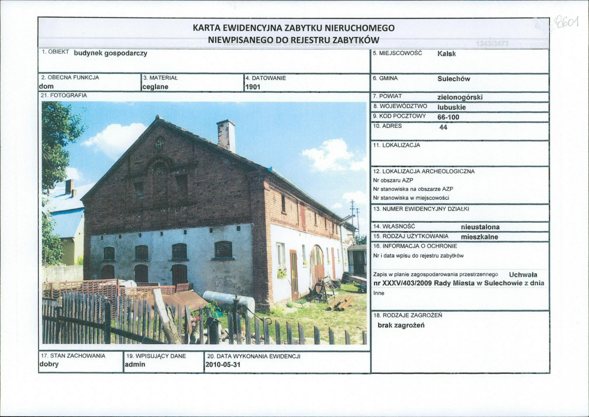 Karta obiektu niewpisanego do rejestru, skan nr 1