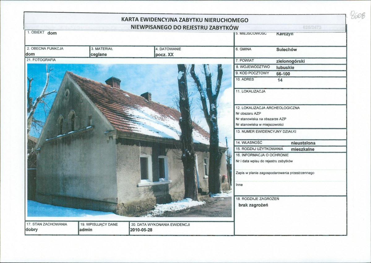 Karta obiektu niewpisanego do rejestru, skan nr 1