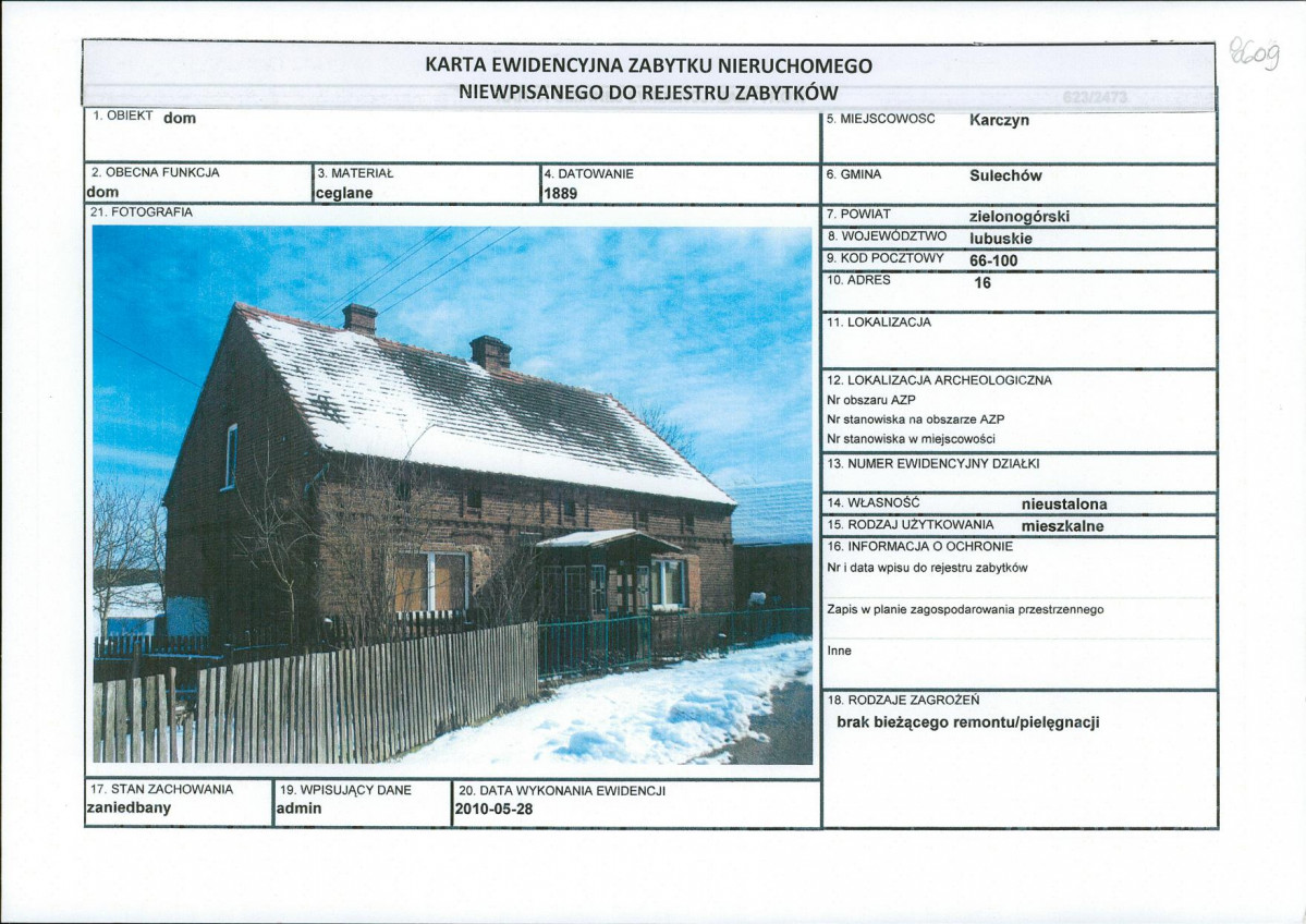 Karta obiektu niewpisanego do rejestru, skan nr 1