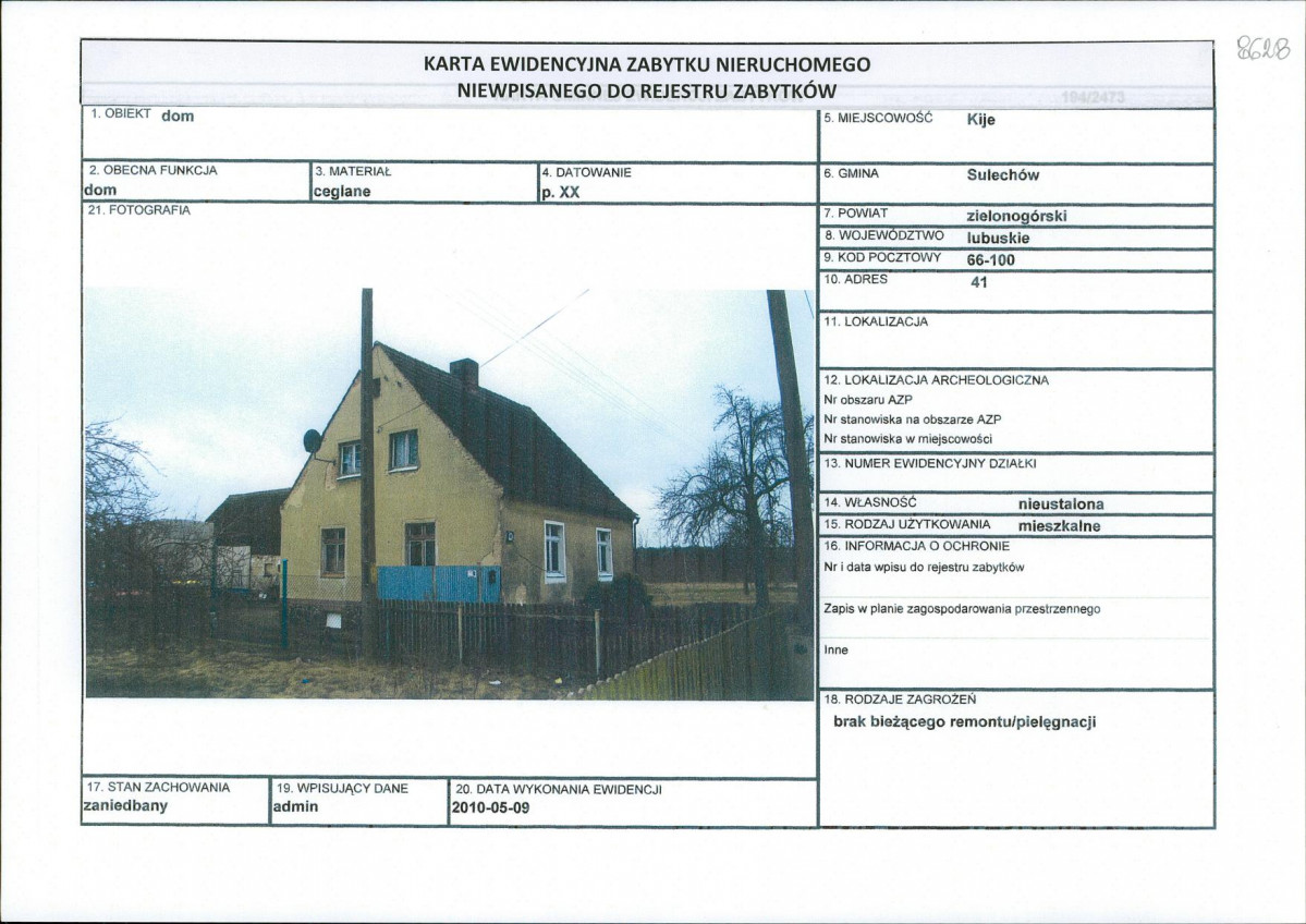 Karta obiektu niewpisanego do rejestru, skan nr 1