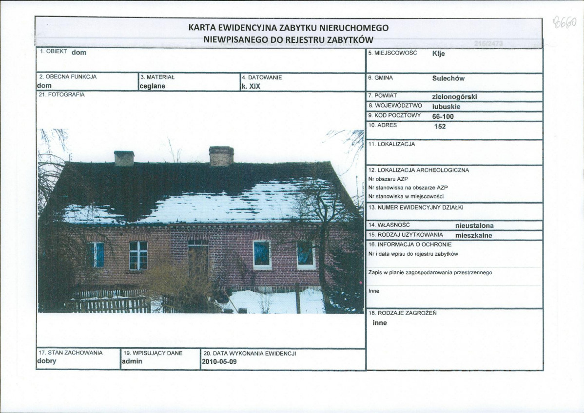 Karta obiektu niewpisanego do rejestru, skan nr 1