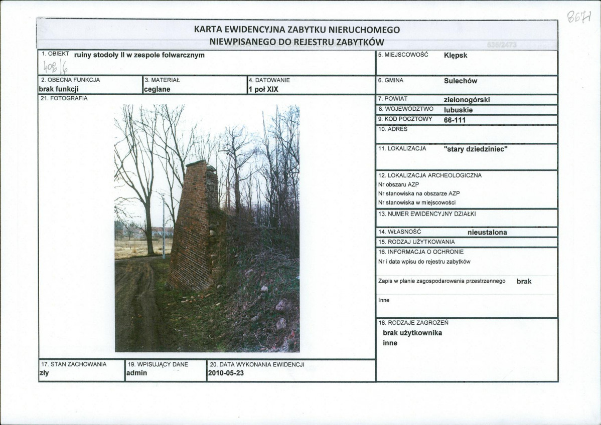 KEZN - Karta obiektu niewpisanego do rejestru, skan nr 1