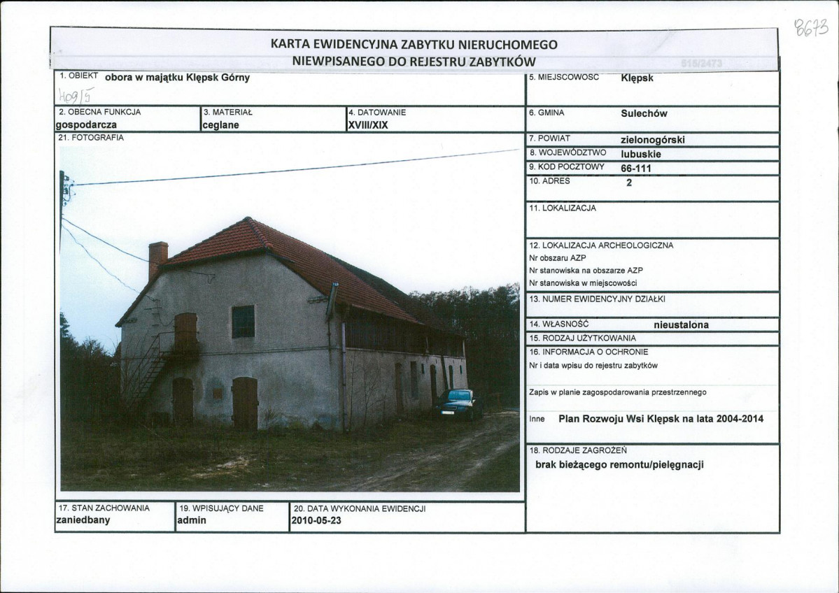 Karta obiektu niewpisanego do rejestru, skan nr 1