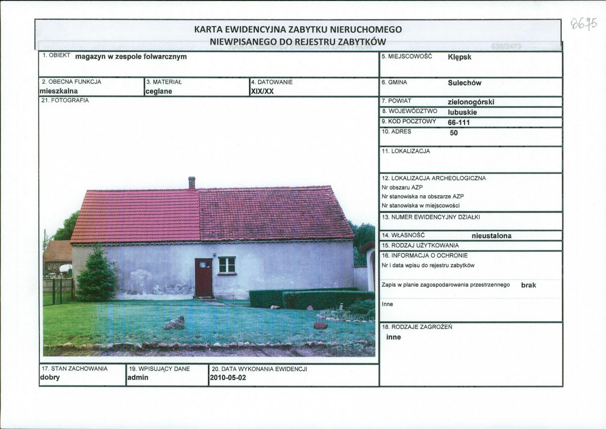 KEZN - Karta obiektu niewpisanego do rejestru, skan nr 1
