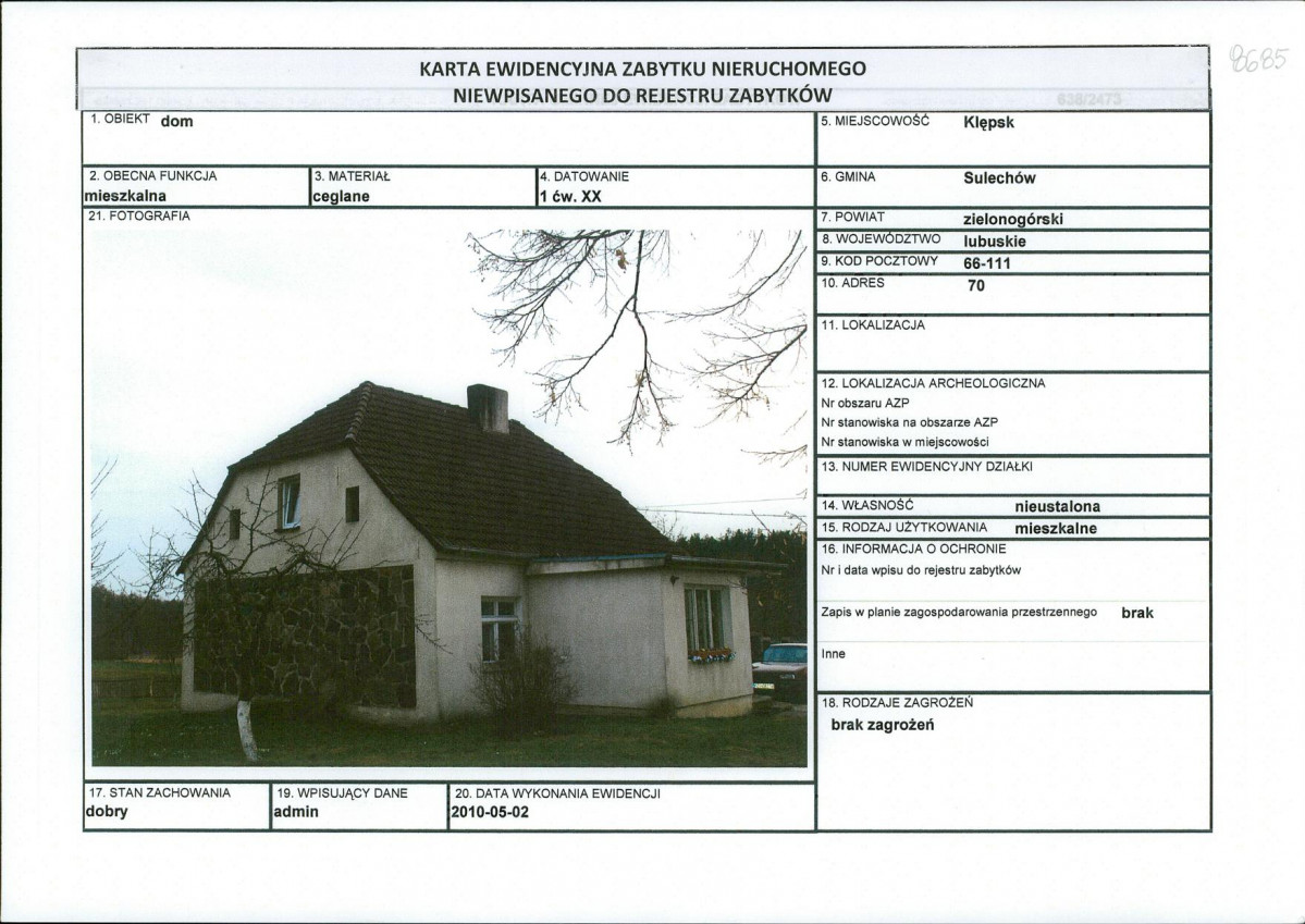 Karta obiektu niewpisanego do rejestru, skan nr 1