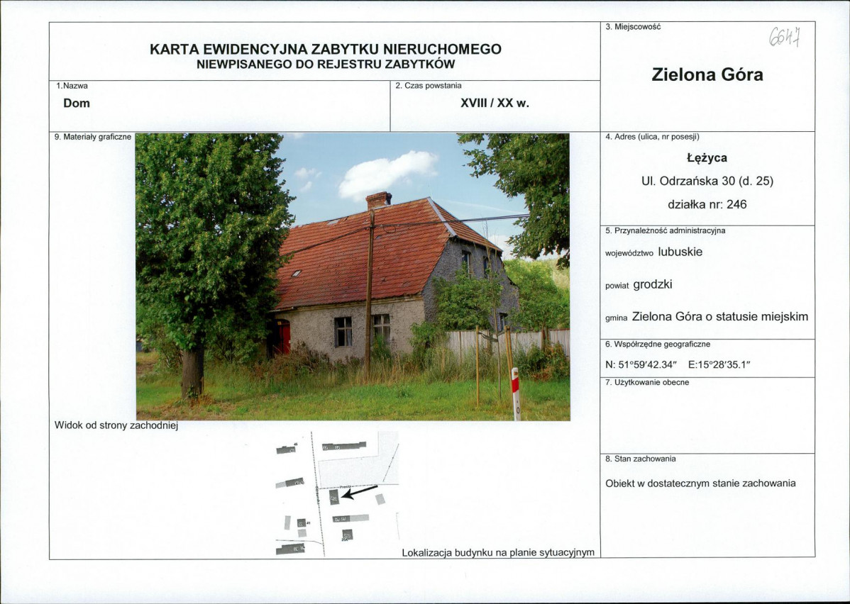 Karta obiektu niewpisanego do rejestru, skan nr 1
