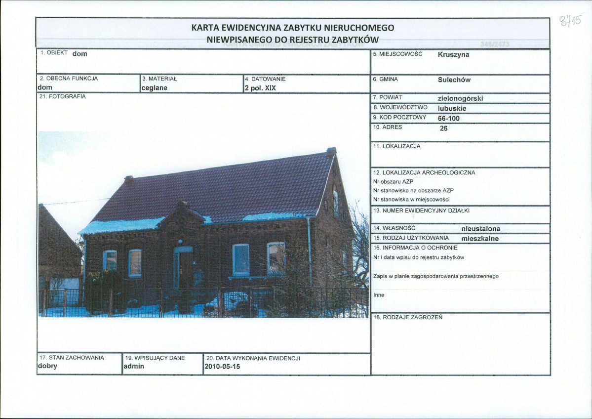Karta obiektu niewpisanego do rejestru, skan nr 1