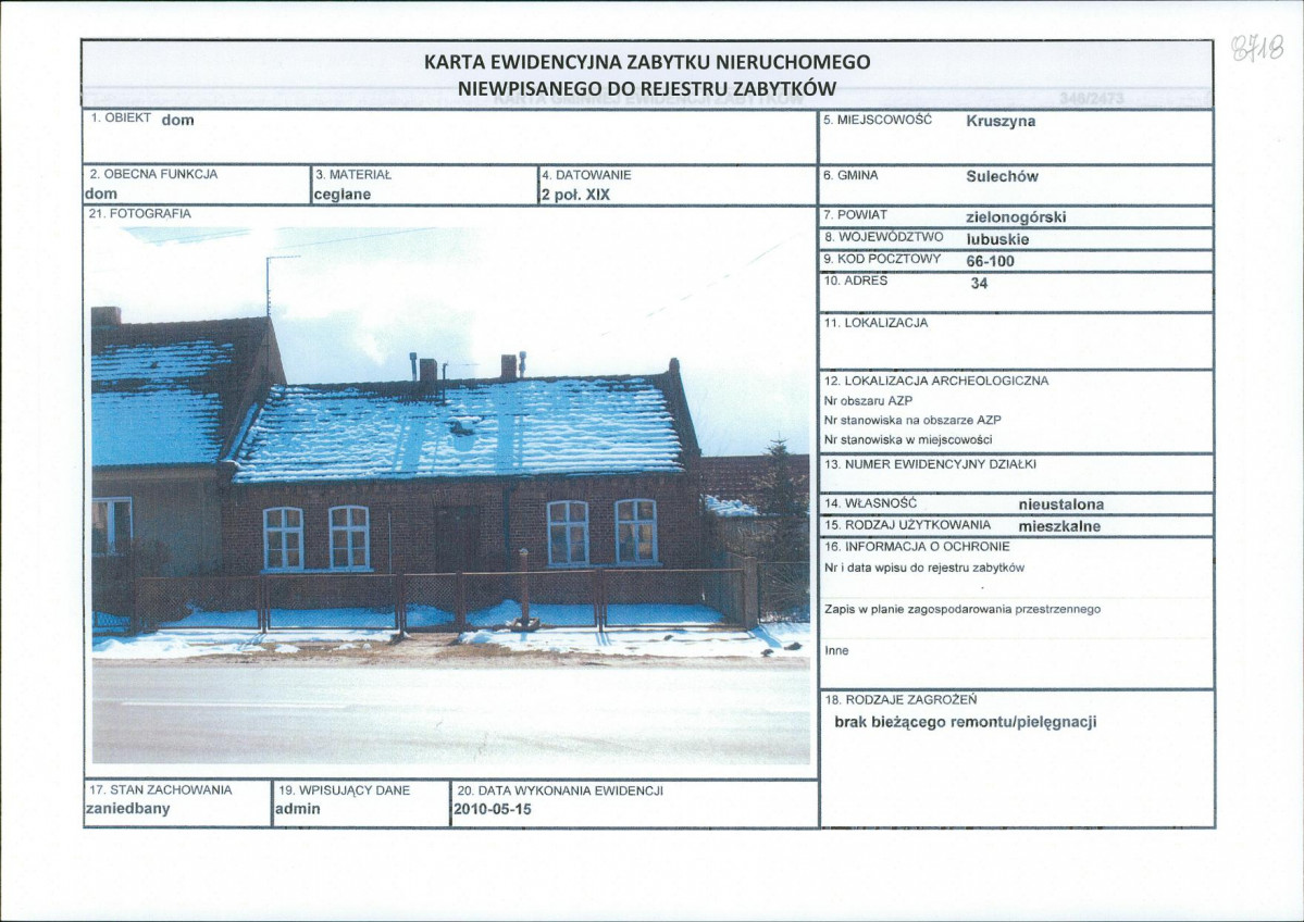 Karta obiektu niewpisanego do rejestru, skan nr 1