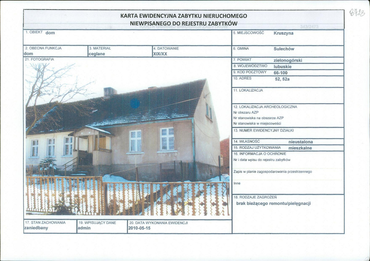 Karta obiektu niewpisanego do rejestru, skan nr 1