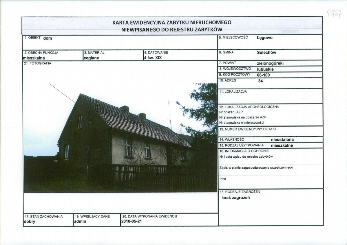 Karta obiektu niewpisanego do rejestru, skan nr 1