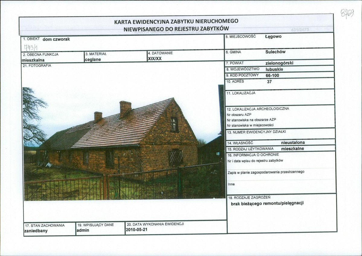 Karta obiektu niewpisanego do rejestru, skan nr 1