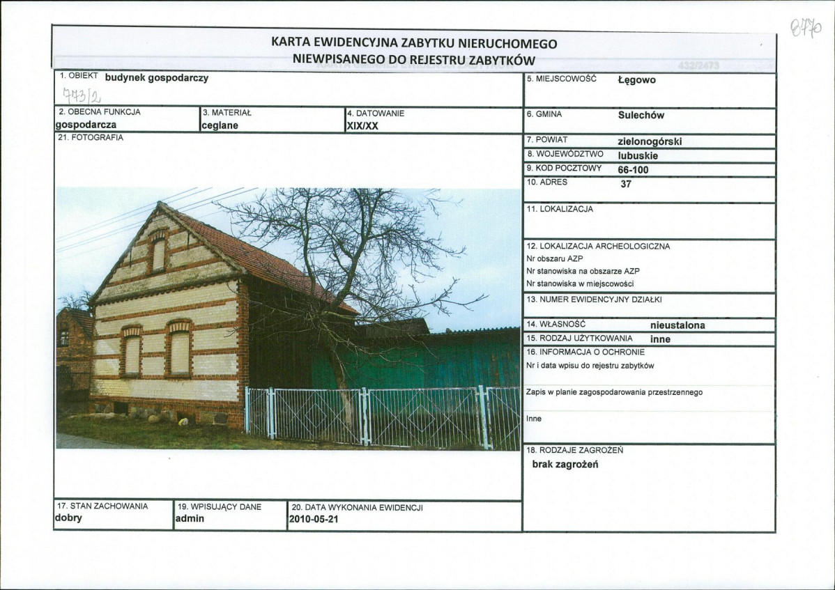 Karta obiektu niewpisanego do rejestru, skan nr 1