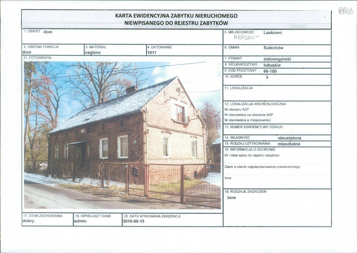 Karta obiektu niewpisanego do rejestru, skan nr 1