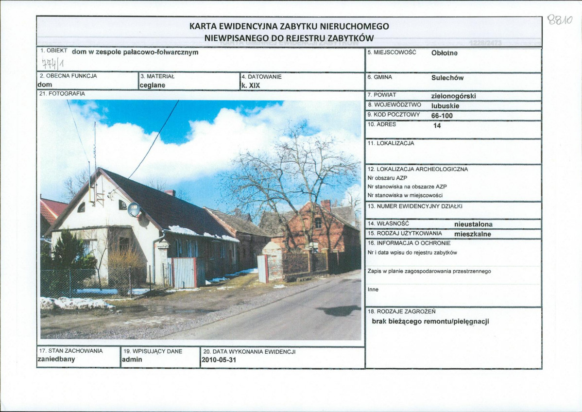 Karta obiektu niewpisanego do rejestru, skan nr 1
