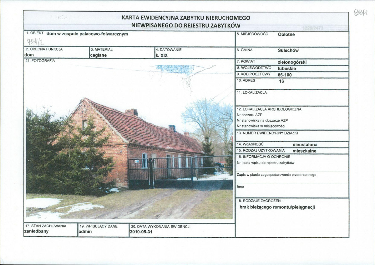 Karta obiektu niewpisanego do rejestru, skan nr 1