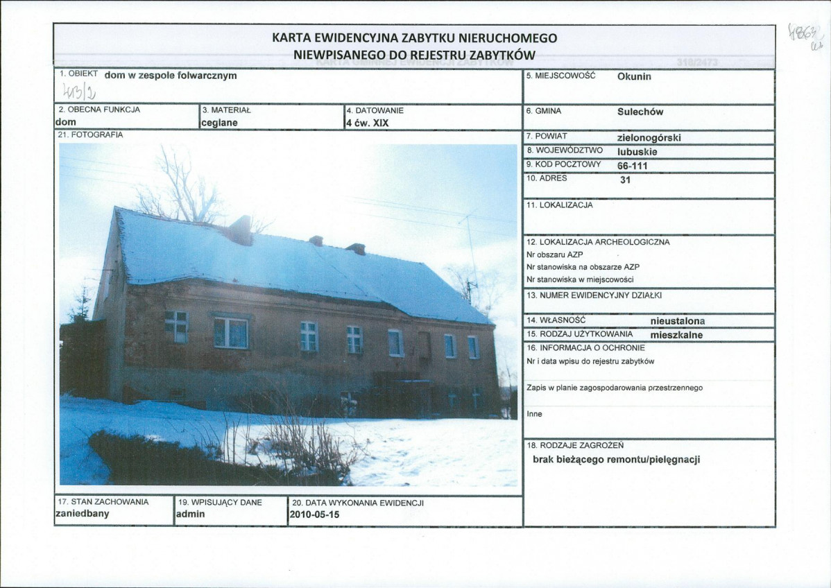 Karta obiektu niewpisanego do rejestru, skan nr 1