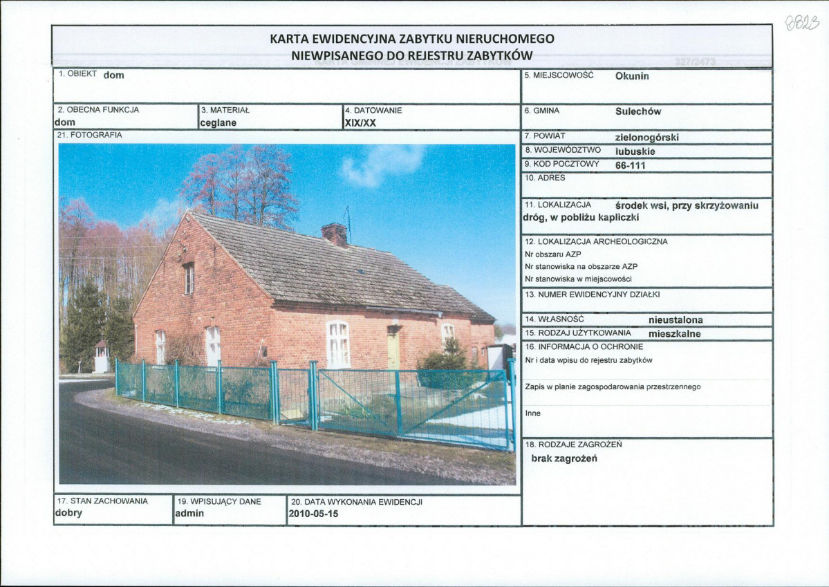 Karta obiektu niewpisanego do rejestru, skan nr 1