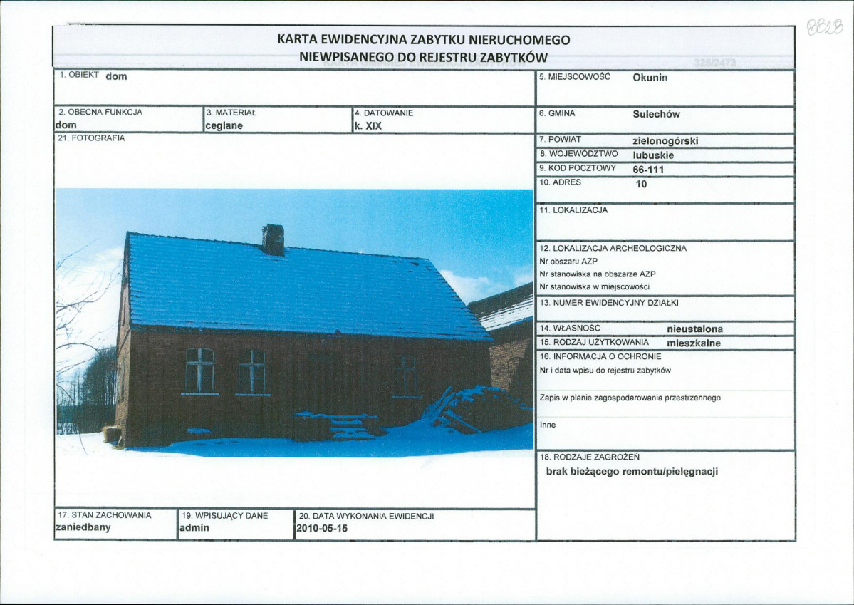 Karta obiektu niewpisanego do rejestru, skan nr 1