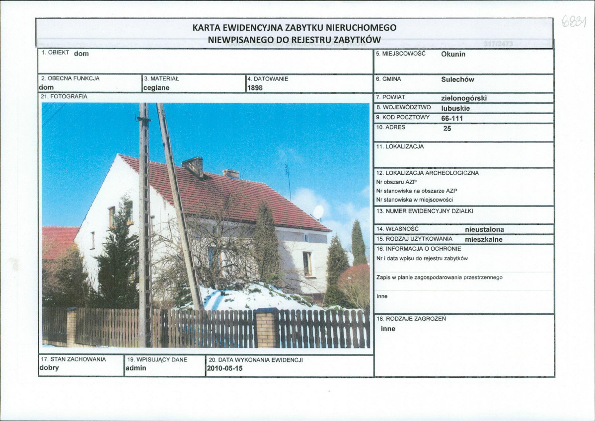 Karta obiektu niewpisanego do rejestru, skan nr 1