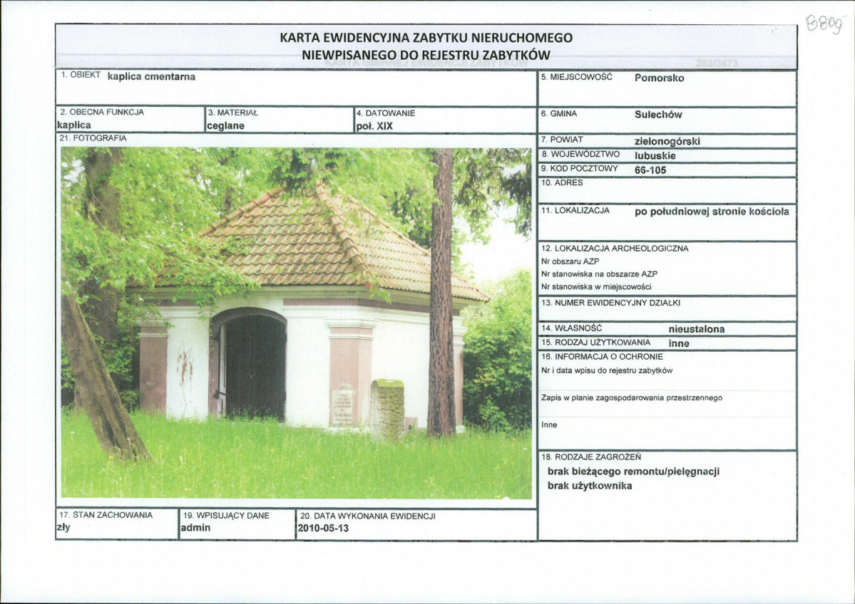 Karta obiektu niewpisanego do rejestru, skan nr 1