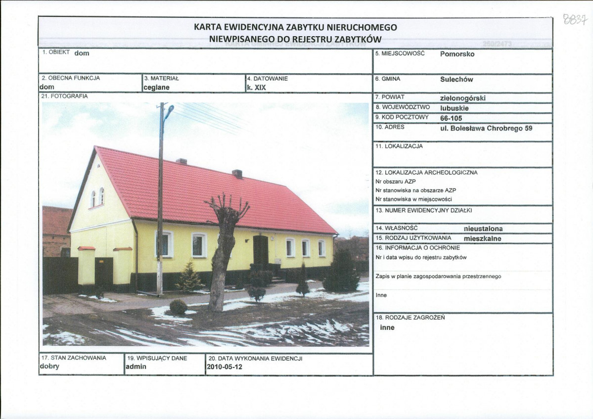 Karta obiektu niewpisanego do rejestru, skan nr 1