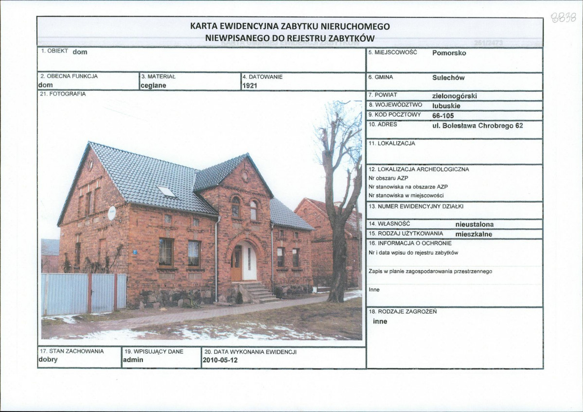 Karta obiektu niewpisanego do rejestru, skan nr 1