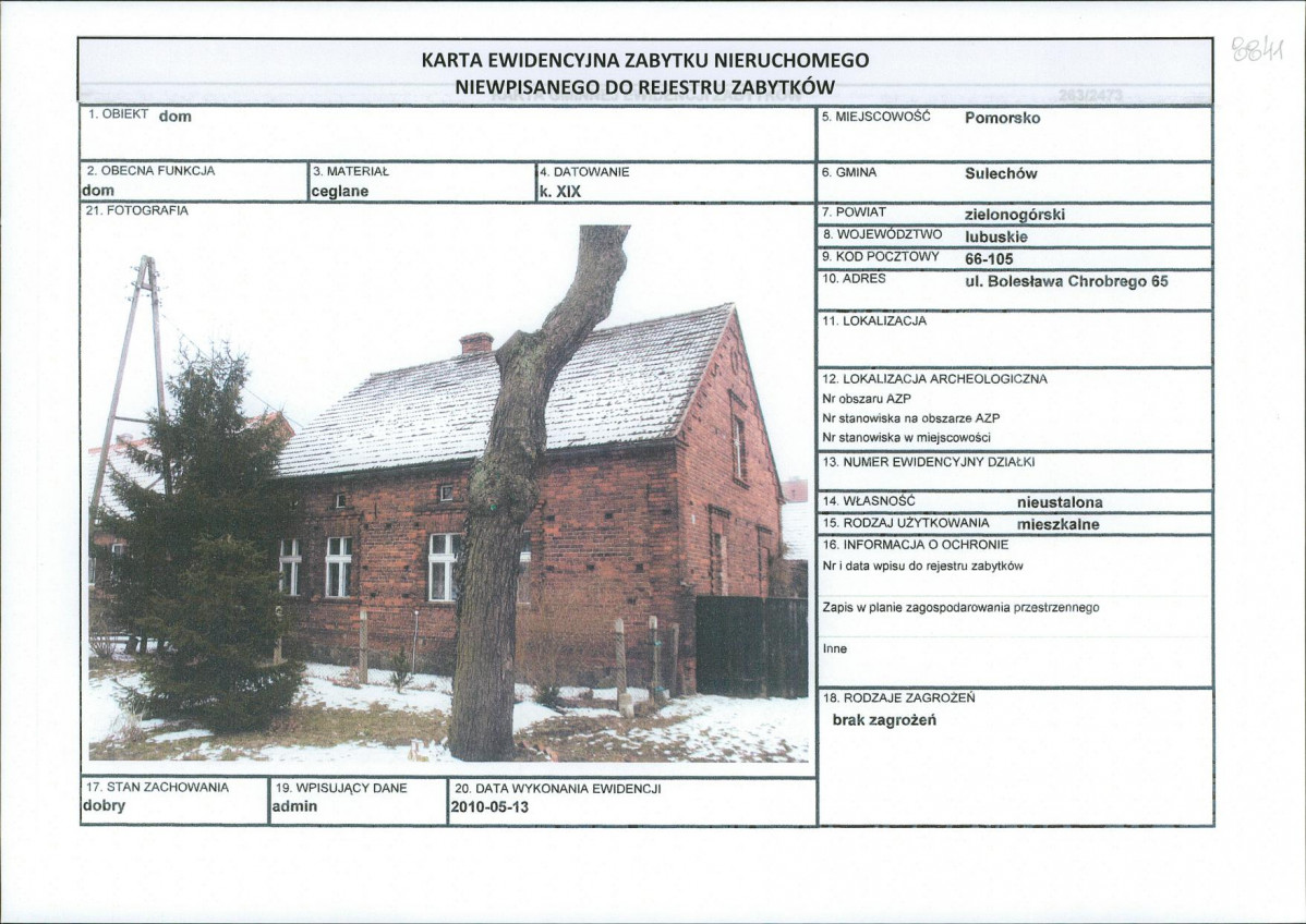 Karta obiektu niewpisanego do rejestru, skan nr 1