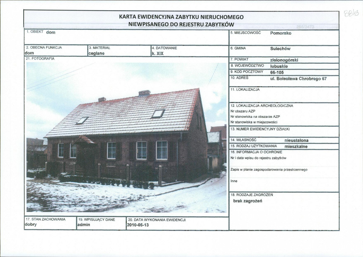 Karta obiektu niewpisanego do rejestru, skan nr 1