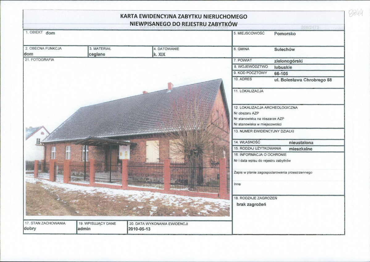 Karta obiektu niewpisanego do rejestru, skan nr 1