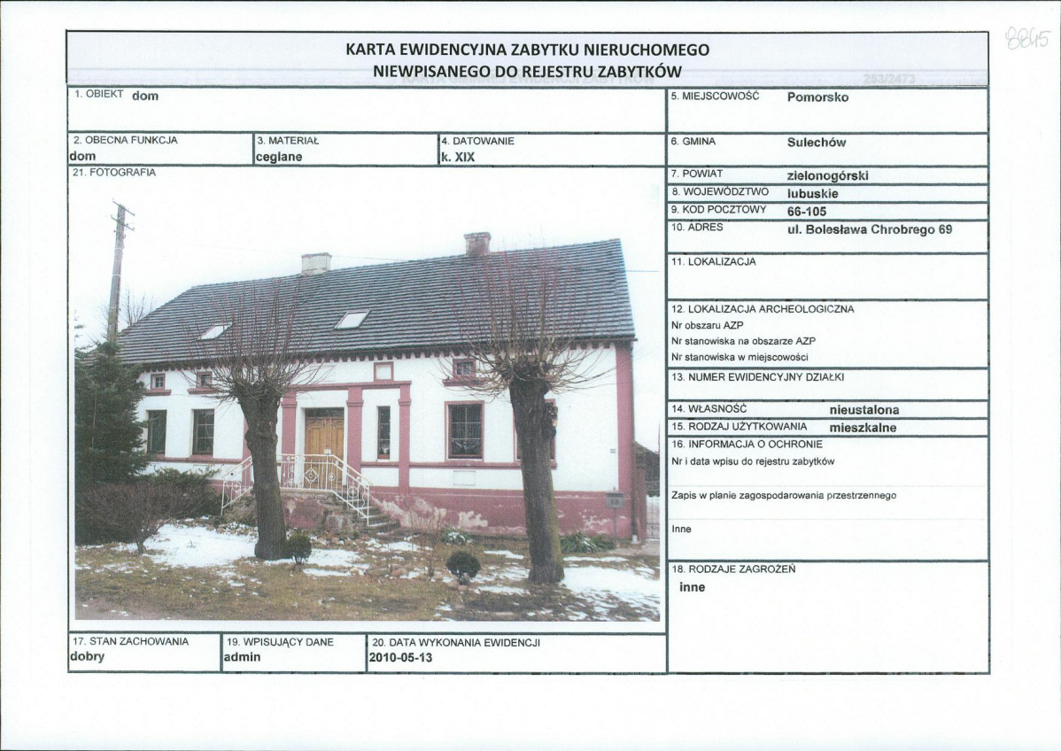 Karta obiektu niewpisanego do rejestru, skan nr 1